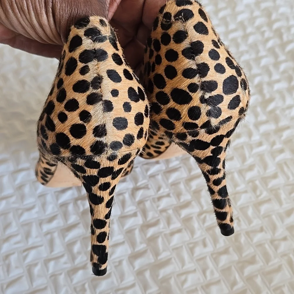 Loeffler Randall Pari Cheetah Print Real Fur Stiletto High Heel Pumps Mobwife